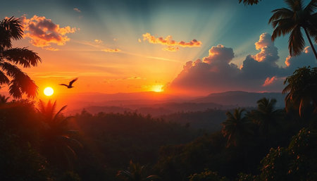 Mystic glowing sunset over jungle horizonの素材