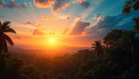 Radiant horizon glowing warmly over jungleの素材