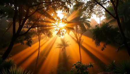 Orange sunlight through deep jungle canopyの素材