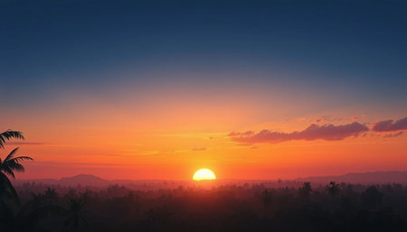 Tranquil jungle sunset horizon calm eveningの素材