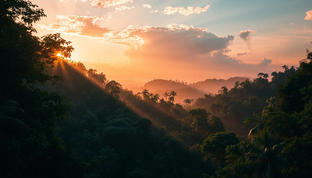 Orange sun rays across deep jungle pathの素材