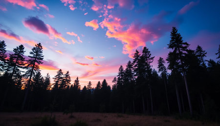 Peaceful evening sky over forest pathの素材