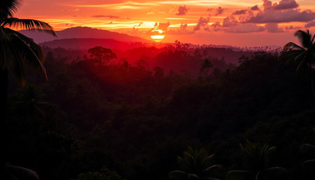 Vivid tropical jungle sunset horizonの素材