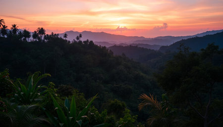 Peaceful evening jungle glowing warmlyの素材