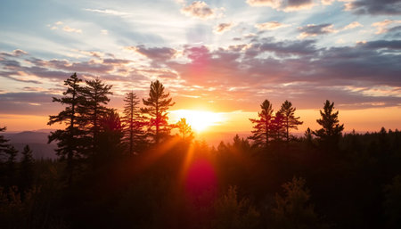 Evening sun painting forest trees glowの素材