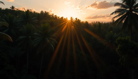 Golden rays across jungle landscapeの素材
