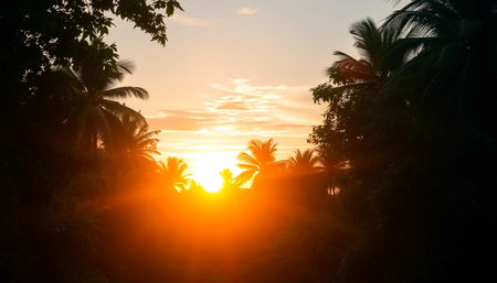 Tranquil evening glow over jungle canopyの素材