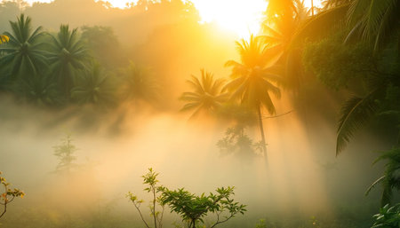 Misty jungle in warm sunset lightの素材