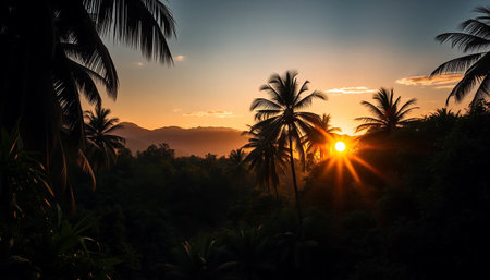 Peaceful golden twilight over jungleの素材