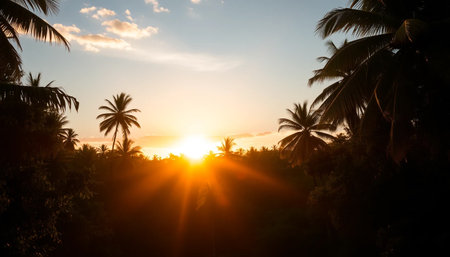 Warm golden light over jungle horizonの素材