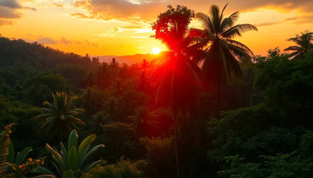 Fiery sunset over dense jungle canopyの素材