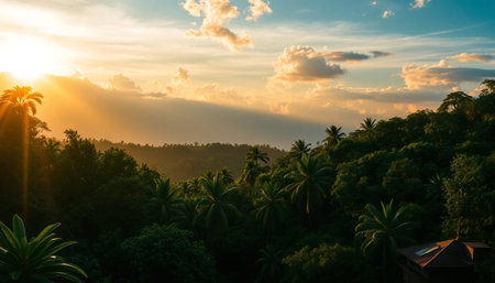 Radiant evening sky over tropical jungleの素材