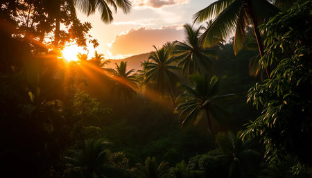 Soft warm light over tropical jungleの素材