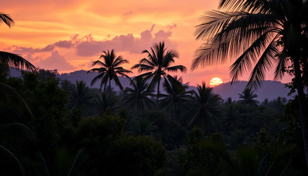 Serene twilight over dense jungle sceneの素材