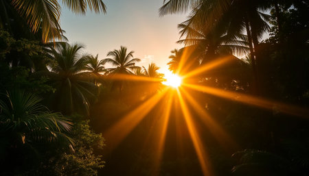 Radiant sunset over lush jungleの素材