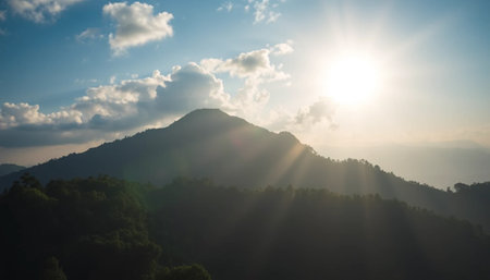 Bright evening light over jungle mountainの素材
