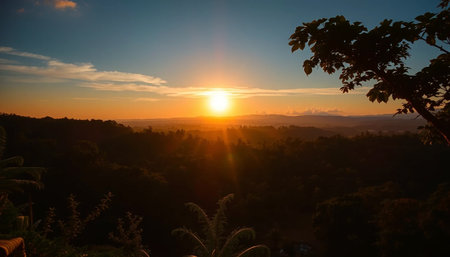 Bright golden evening over jungle valleyの素材