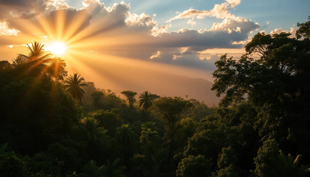 Golden rays over wide jungle horizonの素材