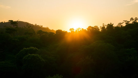 Golden sunset over wild jungle treesの素材