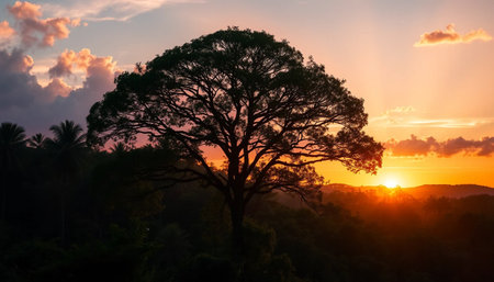 Majestic sunset over tall jungle horizonの素材