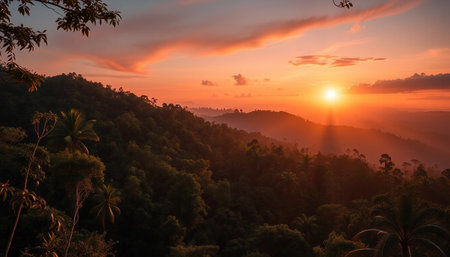 Radiant twilight over lush jungle forestの素材