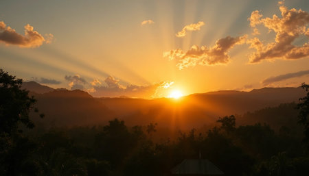 Radiant twilight over jungle mountain forestの素材