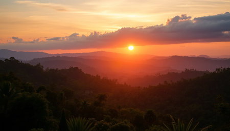 Bright golden sunset over jungle valleyの素材