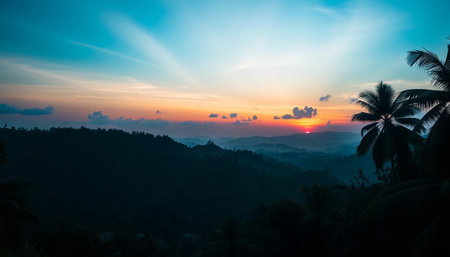 Calm glowing evening over jungle valleyの素材