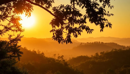 Tranquil golden glow over jungle hillsの素材