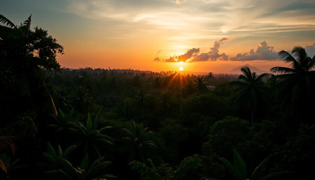Majestic jungle twilight across horizonの素材