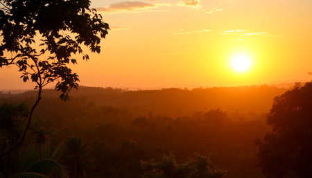 Bright sunset horizon glowing softly aboveの素材