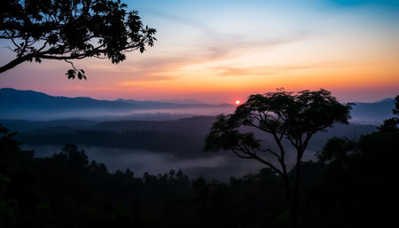 Serene horizon sunset above jungle treesの素材