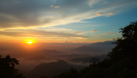 Majestic sunset horizon glowing softly above jungleの素材