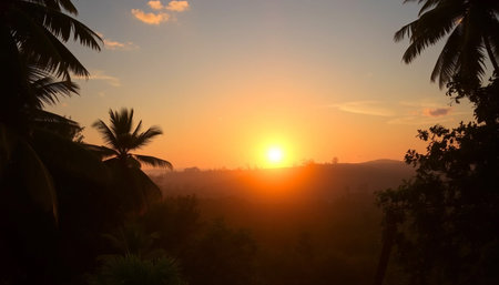 Golden twilight glowing above jungle viewの素材