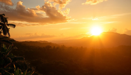 Majestic golden sunset above jungle skyの素材