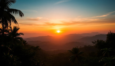 Radiant evening horizon above jungle skyの素材
