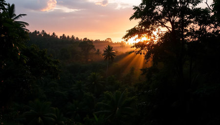 Calm evening over dense jungle forestの素材