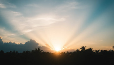 Radiant sky glowing gently over jungle treesの素材