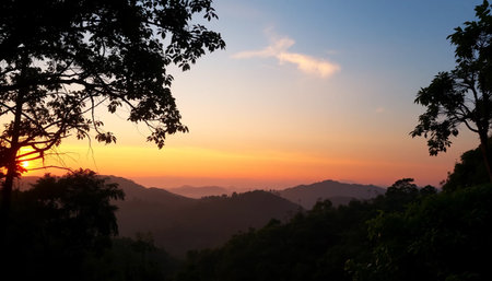 Serene twilight above jungle canopy hillsの素材
