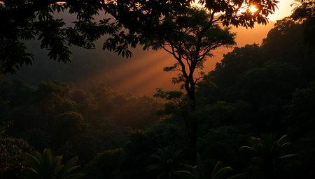 Tranquil evening over dense jungle valleyの素材