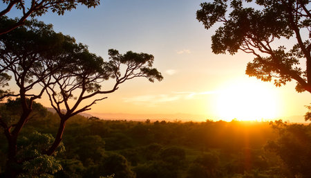 Warm sunset light across jungle canopyの素材