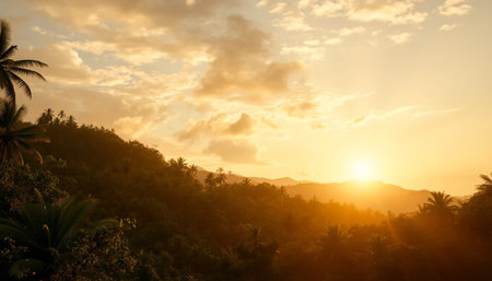 Peaceful jungle hills under soft golden eveningの素材