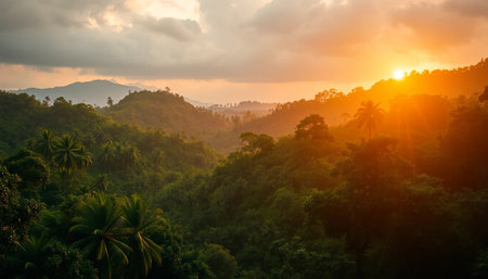 Soft evening light over jungle hills and tropicalの素材
