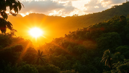 Jungle sunset view over dense tropical forestの素材