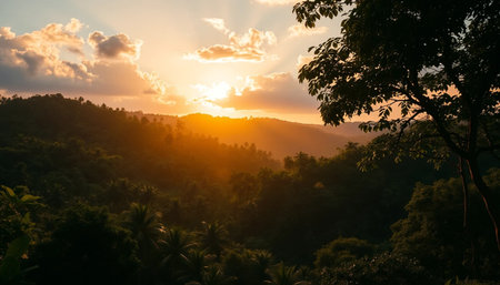 Sunset over jungle hills with golden warm lightの素材