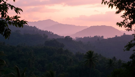 Twilight glow over dense jungle canopy hillsの素材