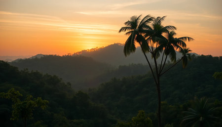 Serene sunset over dense tropical jungle hills canopyの素材