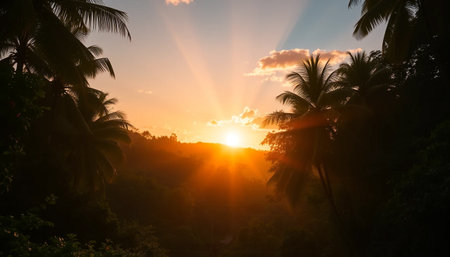 Peaceful tropical forest hills glowing sunsetの素材