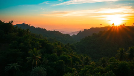 Serene sunset over lush tropical forest canopyの素材