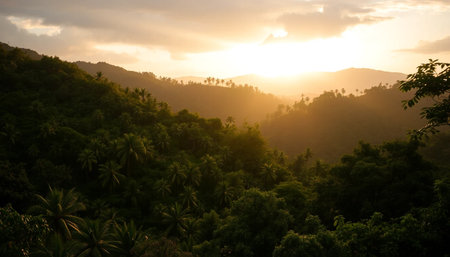 Tranquil golden evening over dense jungle hillsの素材